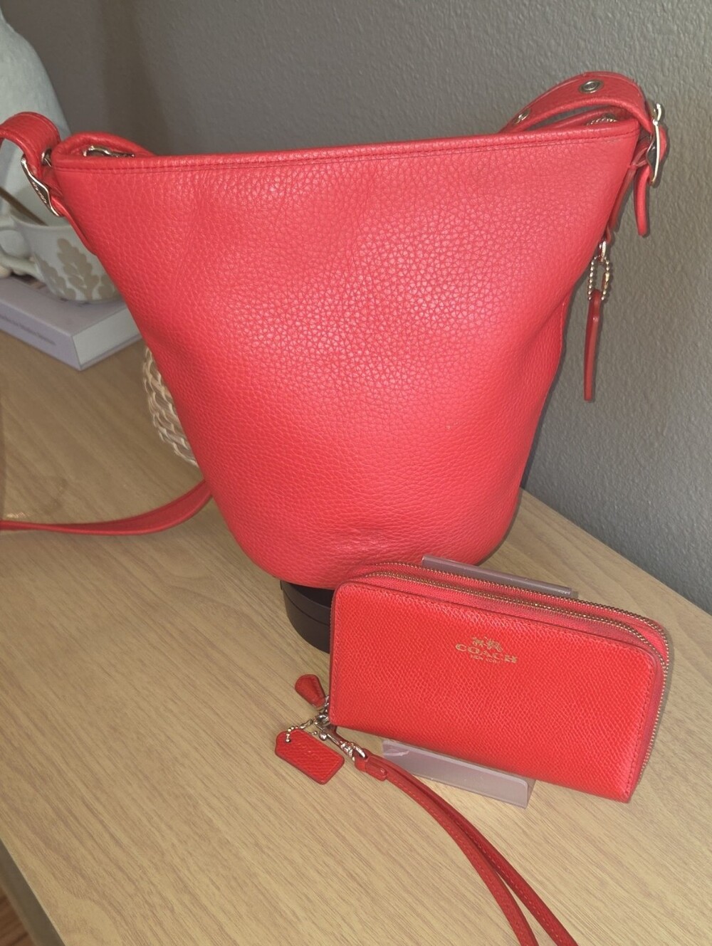 Coach Red Pebbled Leather Bucket Crossbody with Matching Zip Wallet